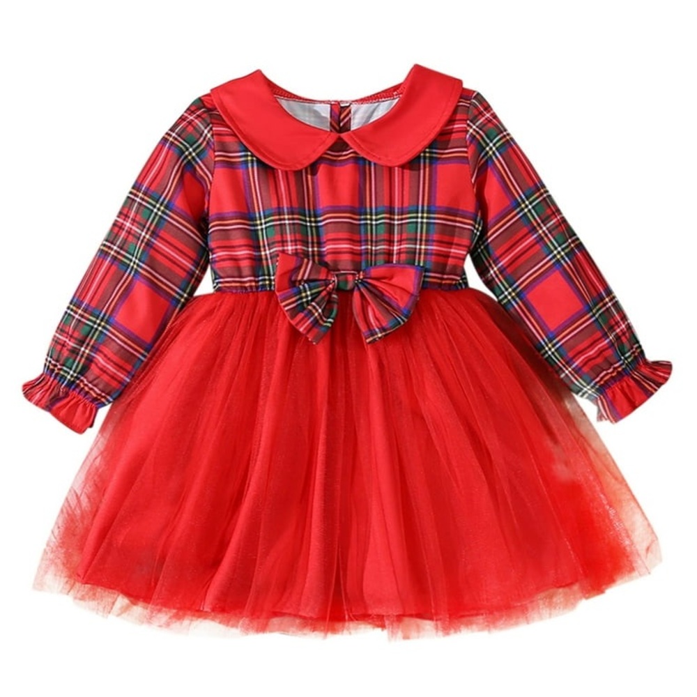 Christmas Dress Tutu Skirt with Bowknot Long Sleeve Red Plaid Xmas Tulle Dress